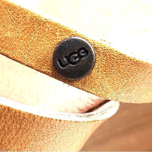 UGG Mattie Straw Accented Tan Leather Slip On Wedge Heeled Sandals Size 10 - Picture 9 of 9